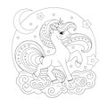 Beautiful unicorn with a long mane. Black and white linear drawing. Vector illustration Royalty Free Stock Photo