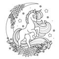 A beautiful unicorn with a long mane on the moon. Black and white linear drawing. Vector. Royalty Free Stock Photo