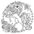 A beautiful unicorn with a long mane with roses. Linear black and white drawing for coloring. Vector