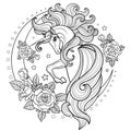 A beautiful, unicorn with a long mane and tail on the moon. Black and white image. For coloring. Vector Royalty Free Stock Photo