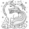 A beautiful unicorn with a long tail. Black and white linear drawing. Vector Royalty Free Stock Photo