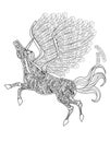 Beautiful Unicorn With Opened Wings Flying Colorless Line Drawing. Mythical Horned Pegasus Feathers Flies Coloring Book Royalty Free Stock Photo