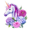 beautiful unicorn with pink flowers on an isolated white background, watercolor illustration, hand drawn