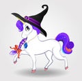 Beautiful unicorn with purple hair in witch hat on white background. Royalty Free Stock Photo