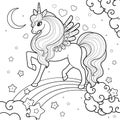 Beautiful unicorn on the rainbow. Black and white drawing for coloring. Vector Royalty Free Stock Photo