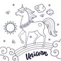 Beautiful unicorn on the rainbow. Black and white linear drawing. Vector Royalty Free Stock Photo