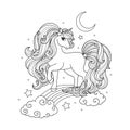 Beautiful unicorn on a rainbow. Black and white linear drawing. Vector Royalty Free Stock Photo