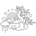 A beautiful unicorn with a rainbow and stars. Black and white linear outline. Vector Royalty Free Stock Photo