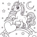 A beautiful unicorn with a saddle. Black and white line drawing. Vector Royalty Free Stock Photo