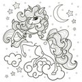 Beautiful unicorn in the sky. Black and white, linear drawing for coloring. Vector Royalty Free Stock Photo