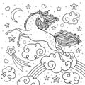 A beautiful unicorn among the stars, clouds. Black and white linear image. Vector Royalty Free Stock Photo