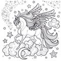 A beautiful unicorn among stars and clouds. Black and white. Vector illustration Royalty Free Stock Photo