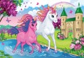 Beautiful unicorns. Fairy tale background with princess castle, horse or little pony. Fabulous flower meadow with lake, rainbow.