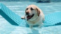 Beautiful unique golden retriever labrador dog relaxing at the pool in a floating bed, dog super funny.