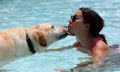 Beautiful unique golden retriever labrador dog and girl relaxing at the pool in a floating bed, dog super funny. Royalty Free Stock Photo