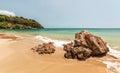 Beautiful unspoiled beach with two rocks in foreground. Klong Nin, Koh Lanta, Thailand Royalty Free Stock Photo