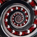 Beautiful unusual abstract fractal clockwise red Spiral Industrial Ball Bearing. Spiral fractal effect of bearing manufacturing te