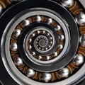 Beautiful unusual Industrial clockwise Spiral Ball Bearing. Droste Spiral level effect bearing manufacturing technology. Abstract