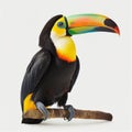 Beautiful unusual tropical bird toucan with a large beak isolated on white close-up