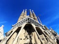 Beautiful unusual view of the historic famous building of the architect Gaudi Basilica de la sagrada Familia