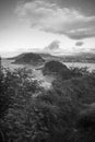 Beautiful upper aerial view on san sebastian coastline from mountain monte igueldo in sunset sky in black and white Royalty Free Stock Photo