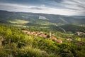 Beautiful upper view of village of crni kal in valley, on slovenian coast, in springtime