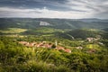 Beautiful upper view of village of crni kal in valley, on slovenian coast, in springtime