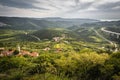 Beautiful upper view of village of crni kal in valley, on slovenian coast, in springtime