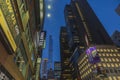 Beautiful upwards view of downtown Manhattan skyscrapers on night sky background. New York, USA. Royalty Free Stock Photo
