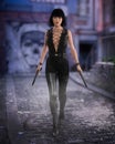 Beautiful urban fantasy assassin woman walking along a seedy dydtopian future street holding gun with silencer in each hand. 3D Royalty Free Stock Photo