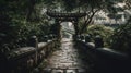 A beautiful urban old stoned bridge overlooking forested footpath, empty of people, with asian architectural Royalty Free Stock Photo