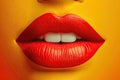 beautiful urban stylish red female lips on yellow background