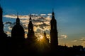 Urban sunset over the Pilar cathedral in Zaragoza, spain and the Ebro river Royalty Free Stock Photo