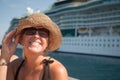 Beautiful Vacationing Woman with Cruise Ship