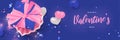 Beautiful valentine`s day realistic flat lay banner with glowing lights, decorative hearts and gift box background Royalty Free Stock Photo