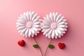 Beautiful Valentine\'s Day scene with two white chrysanthemums, red hearts, blooms isolated on background of soft,