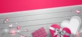 Beautiful valentine`s day theme 3d horizontal banner frame layout with chocolate bar, string lights, heart box and empty space on