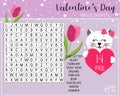 Beautiful Valentine\'s Day word search puzzle. Educational game for learning English. Crossword for children about holiday.