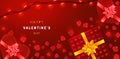 Beautiful valentines day background with heart-shaped gift boxes, garlands and rose petals. Greeting card template. Royalty Free Stock Photo