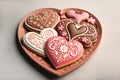 Delicious Valentines decorated heart cookies on a ornate heart plate. Generative ai