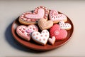 Beautiful Valentines decorated heart cookies on a red plate. Generative ai