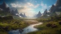 beautiful Valley, A breathtaking landscape of Westworld's fabled Valley Beyond, featuring towering mountains, Generative AI