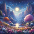 A Beautiful Valley In Moonlit Night, Surrounded By Colorful Flowers, Blossoms Tree, Sky And Clouds, Painting Art