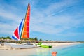 The beautiful Varadero beach in Cuba with a colorful sailboat Royalty Free Stock Photo