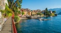 Beautiful Varenna waterfront on a sunny summer afternoon, Lake Como, Lombardy, Italy. Royalty Free Stock Photo