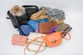 Beautiful various clothing accessories and ladies fashionable styled leather purses Royalty Free Stock Photo