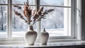 A beautiful vase adorns a tall white window and stands on a white wooden table against the backdrop of a snowy landscape,