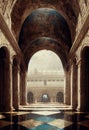 Beautiful vast fantasy Renaissance Palace Courtyard. AI created a digital art illustration