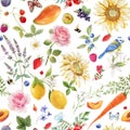 Beautiful vector autotraced seamless summer pattern with watercolor flowers and lemon pear orange mango fruits. Stock