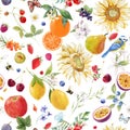 Beautiful vector autotraced seamless summer pattern with watercolor flowers and lemon pear orange mango fruits. Stock